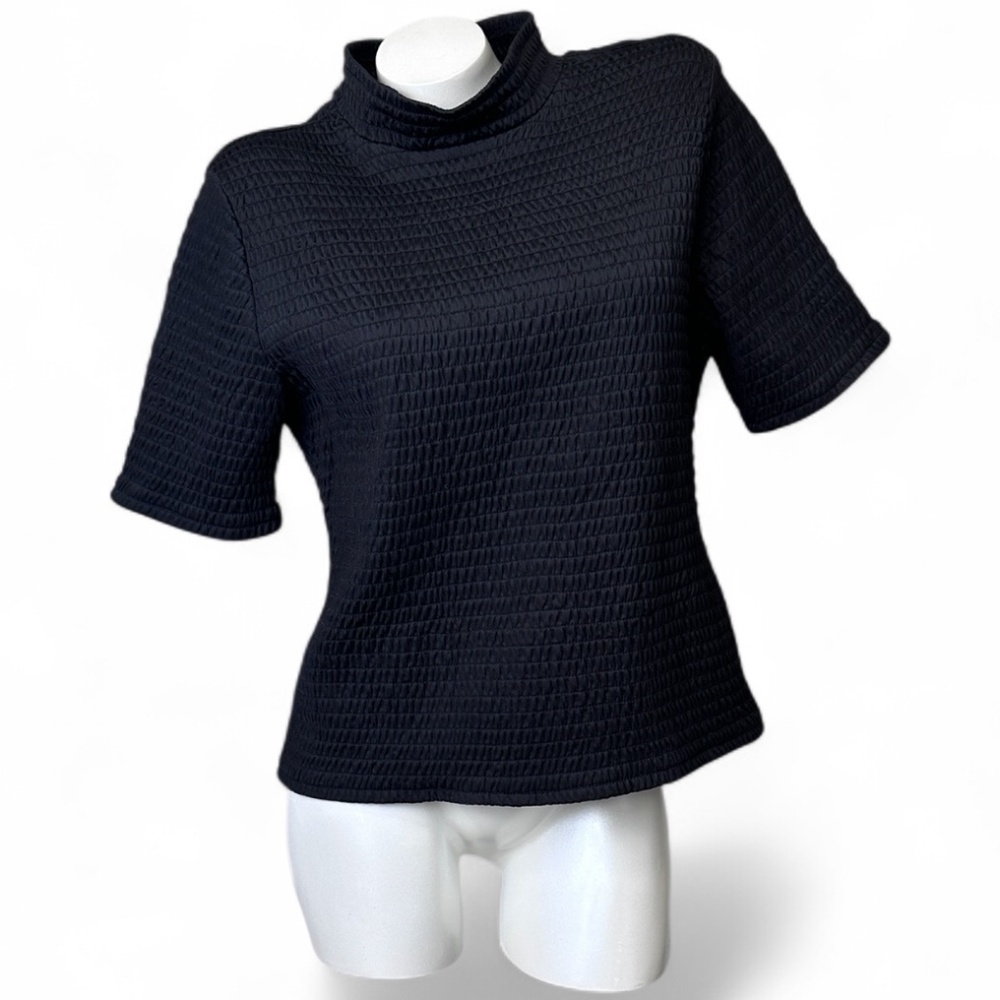 HALOGEN Black Ruched Half-Sleeved Faux Women's Fitted  With Stretch1X Turtleneck
